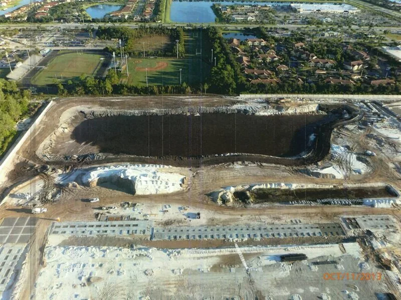 Aerial view of site work and lake excavation on the Aldi Distribution Center project