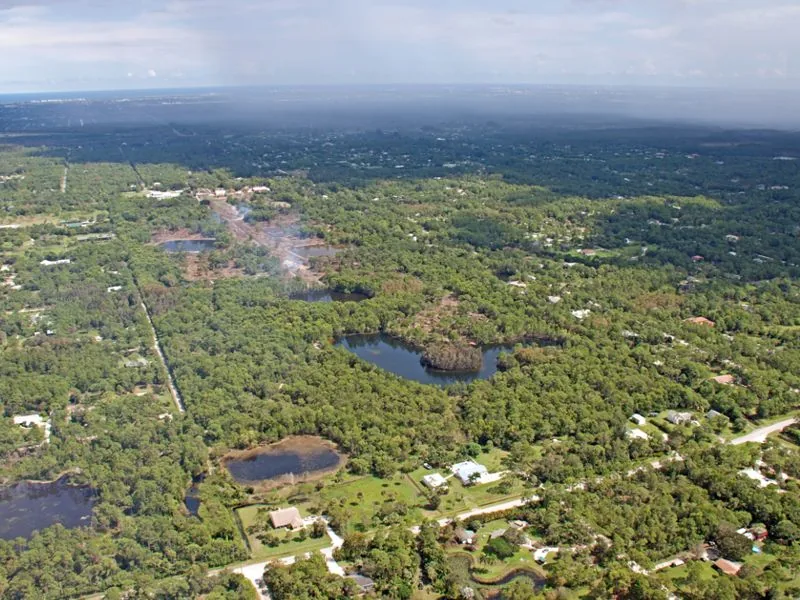 Aerial view of wooded Reynolds Ranch site before work began